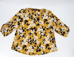 Once & Again Shirt Womens Large Yellow Floral Blouse 3/4 Sleeveless Pullover